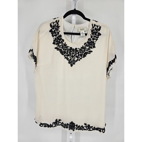 Neiman Marcus Tops - Neiman Marcus Womens Sz L 100% Silk Short Sleeve Blouse Cream Black Beaded Neck
